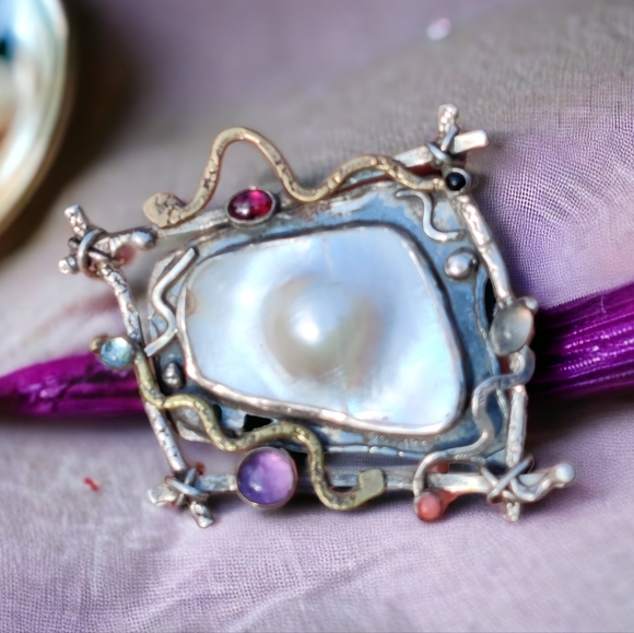 Vintage Jewelry - Huge Iriniri sterling silver blister pearl and gemstone pendant/brooch